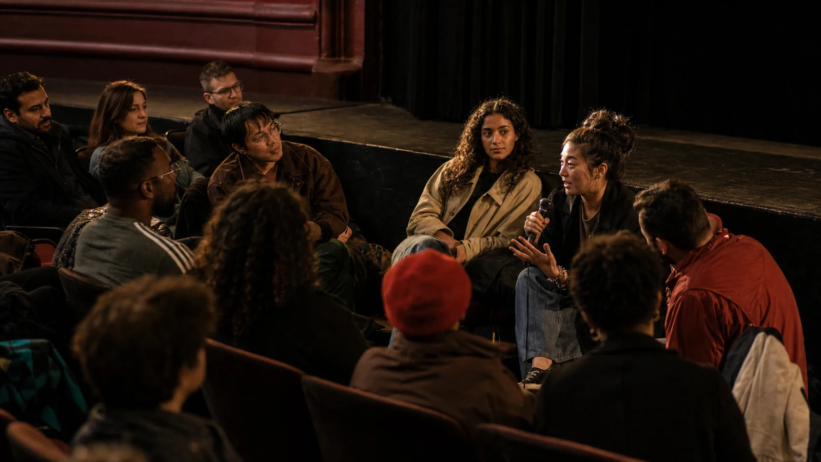 Editorial interpretation of a diverse audience listening and exchanging ideas after a film screening